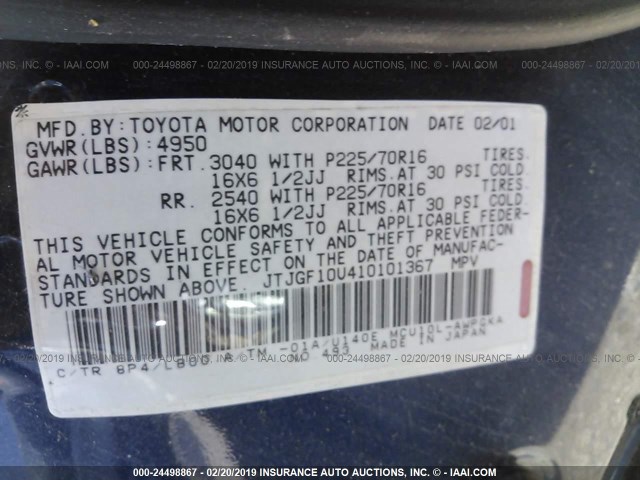 JTJGF10U410101367 - 2001 LEXUS RX 300 BLUE photo 9