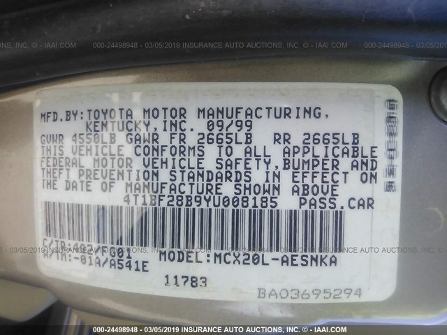 4T1BF28B9YU008185 - 2000 TOYOTA AVALON XL/XLS GOLD photo 9