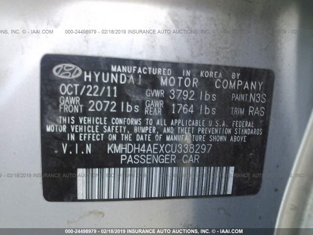 KMHDH4AEXCU338297 - 2012 HYUNDAI ELANTRA GLS/LIMITED SILVER photo 9