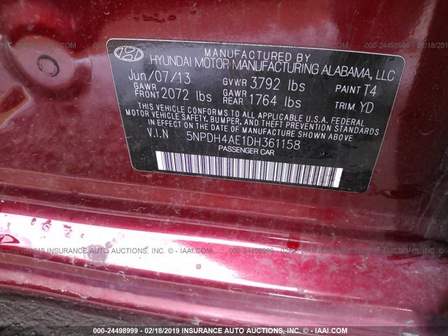 5NPDH4AE1DH361158 - 2013 HYUNDAI ELANTRA GLS/LIMITED RED photo 9