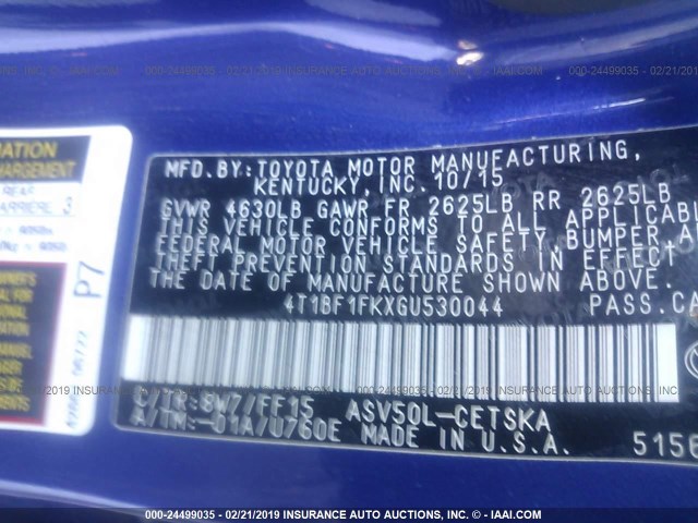 4T1BF1FKXGU530044 - 2016 TOYOTA CAMRY LE/XLE/SE/XSE ლურჯი ფოტო 9