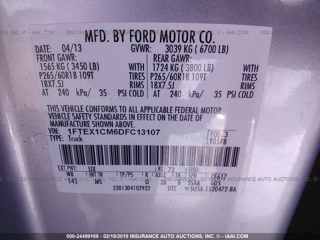 1FTEX1CM6DFC13107 - 2013 FORD F150 SUPER CAB SILVER photo 9