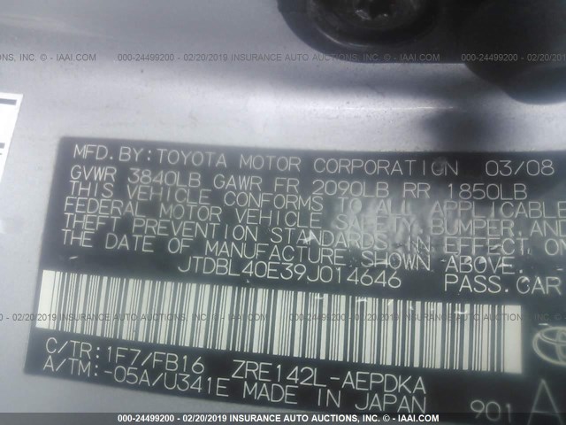 JTDBL40E39J014646 - 2009 TOYOTA COROLLA LE/XLE SILVER photo 9