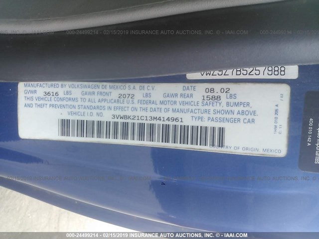 3VWBK21C13M414961 - 2003 VOLKSWAGEN NEW BEETLE GL 蓝色 照片 9