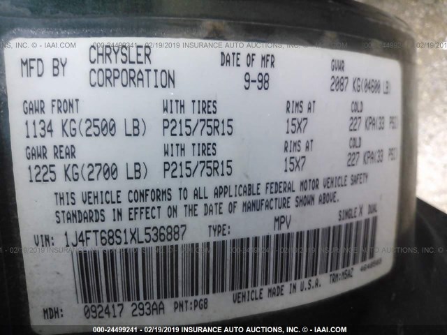 1J4FT68S1XL536887 - 1999 JEEP CHEROKEE SPORT/CLASSIC მწვანე ფოტო 9