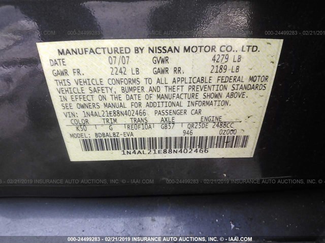 1N4AL21E88N402466 - 2008 NISSAN ALTIMA 2.5/2.5S GRAY photo 9