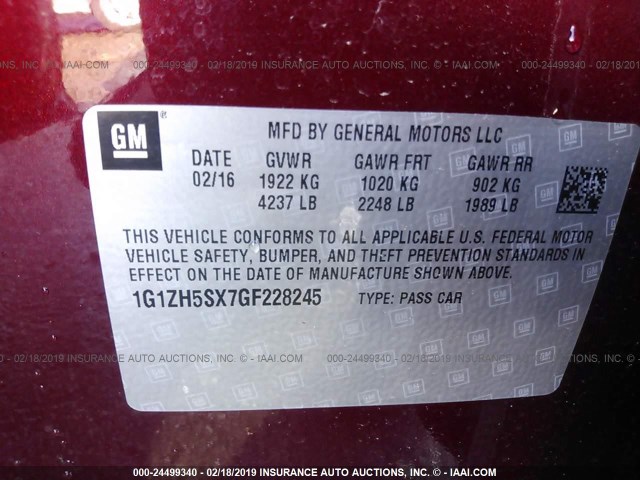 1G1ZH5SX7GF228245 - 2016 CHEVROLET MALIBU PREMIER BURGUNDY photo 9