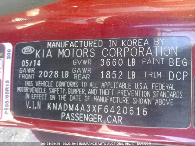 KNADM4A3XF6420616 - 2015 KIA RIO LX RED photo 9