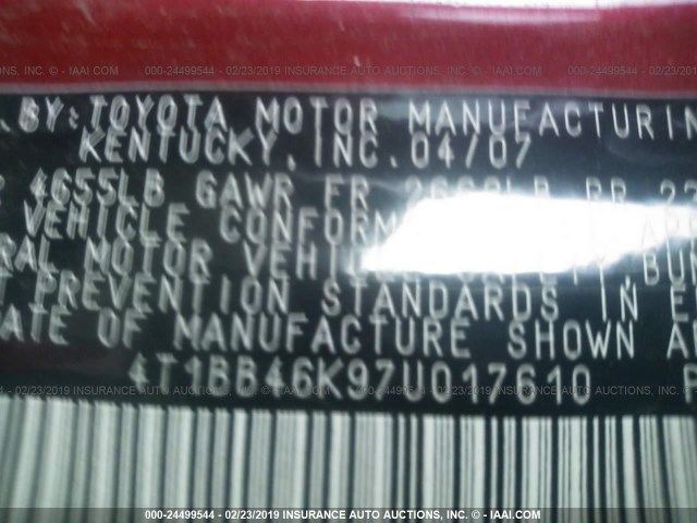 4T1BB46K97U017610 - 2007 TOYOTA CAMRY NEW GENERATION HYBRID RED photo 9