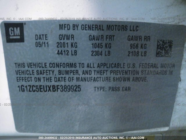 1G1ZC5EUXBF389925 - 2011 CHEVROLET MALIBU 1LT 白色 照片 9