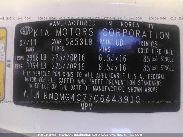 KNDMG4C77C6443910 - 2012 KIA SEDONA LX WHITE photo 9