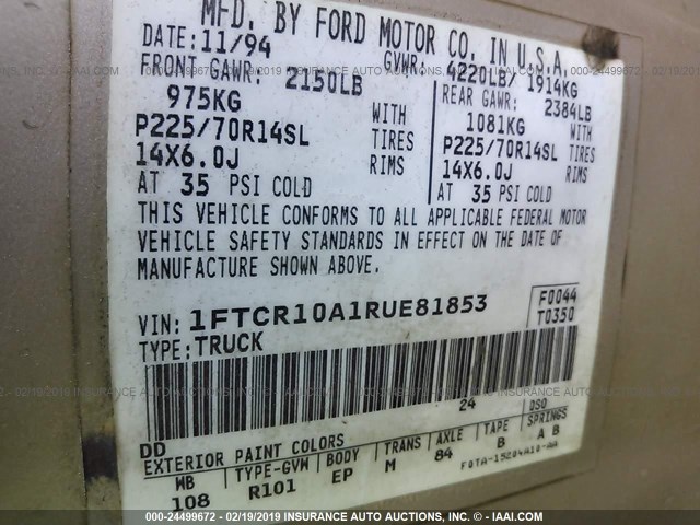 1FTCR10A1RUE81853 - 1994 FORD RANGER GOLD photo 9