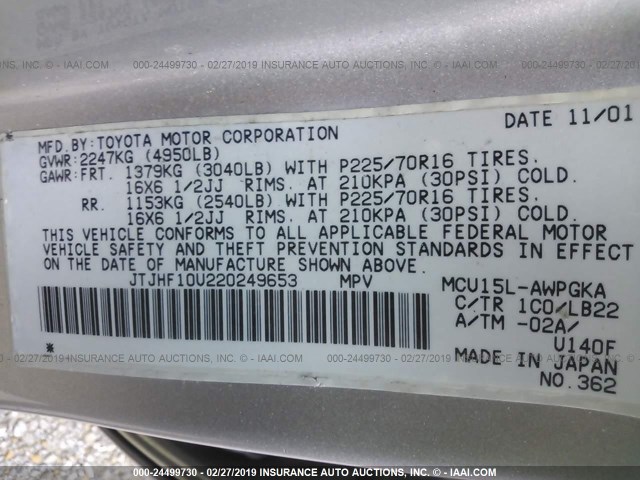 JTJHF10U220249653 - 2002 LEXUS RX 300 SILVER photo 9