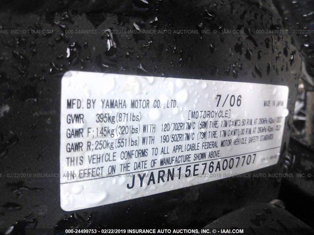 JYARN15E76A007707 - 2006 YAMAHA YZFR1 BLACK photo 10