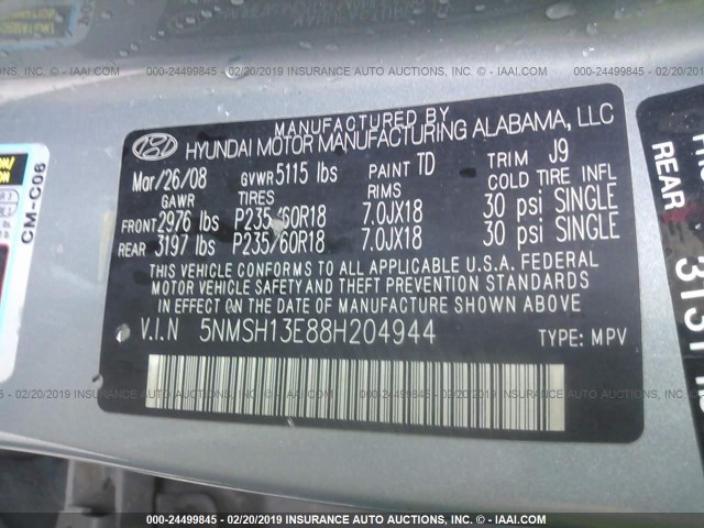 5NMSH13E88H204944 - 2008 HYUNDAI SANTA FE SE/LIMITED GRAY photo 9