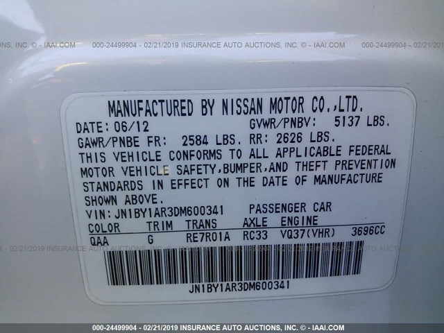 JN1BY1AR3DM600341 - 2013 INFINITI M37 X WHITE photo 9