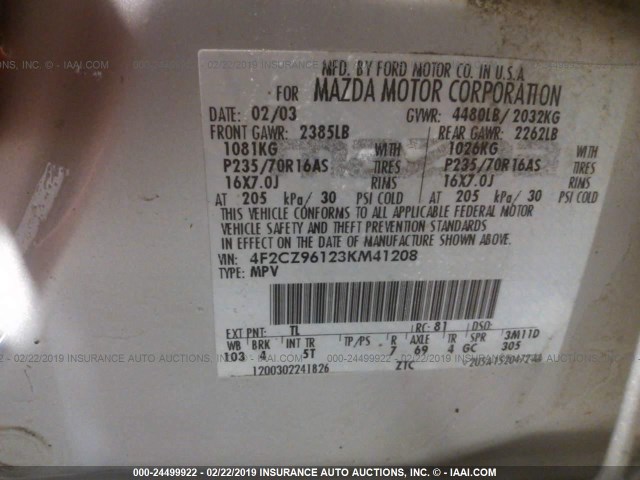 4F2CZ96123KM41208 - 2003 MAZDA TRIBUTE ES 银色 照片 9