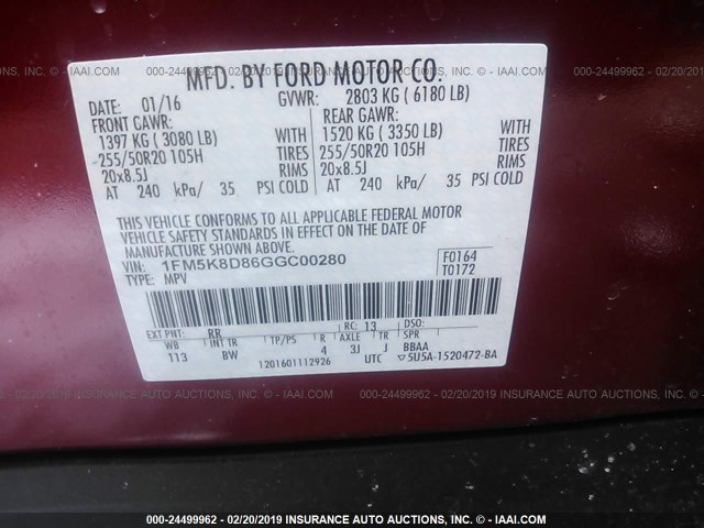 1FM5K8D86GGC00280 - 2016 FORD EXPLORER XLT RED photo 9