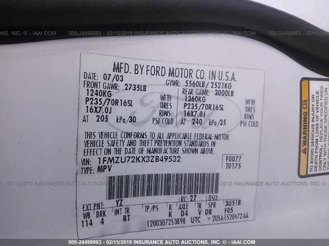 1FMZU72KX3ZB49532 - 2003 FORD EXPLORER XLS/XLS SPORT 白色 照片 9