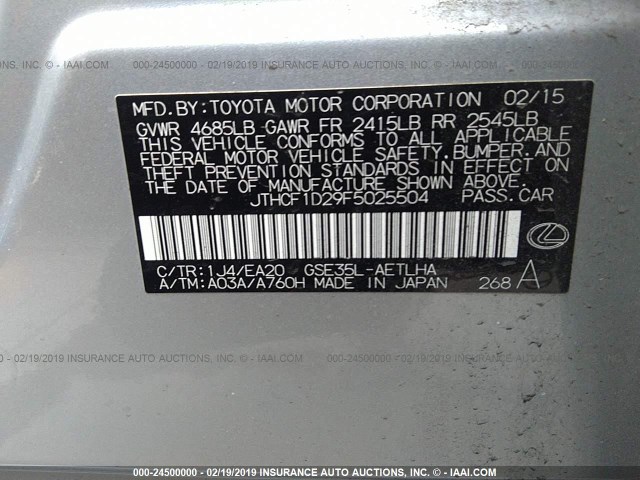 JTHCF1D29F5025504 - 2015 LEXUS IS 250 SILVER photo 9