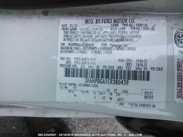 3FAHP0GA1CR380439 - 2012 FORD FUSION S WHITE photo 9