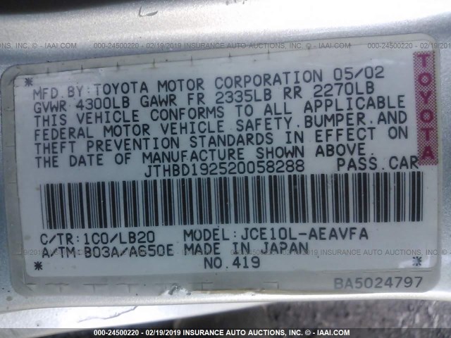 JTHBD192520058288 - 2002 LEXUS IS 300 SILVER photo 9