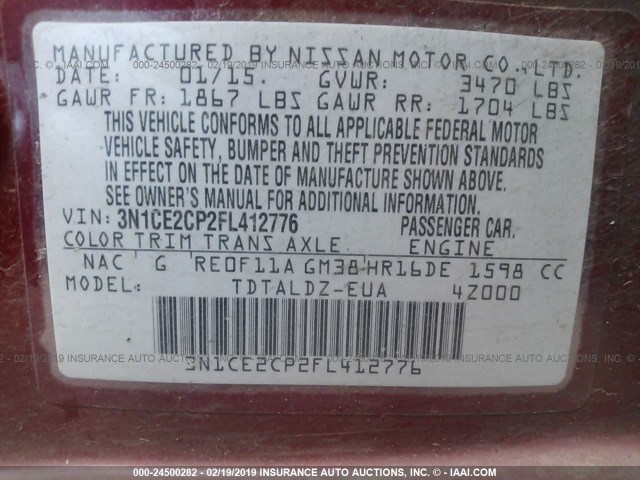 3N1CE2CP2FL412776 - 2015 NISSAN VERSA NOTE S/S PLUS/SV/SL/SR RED photo 9