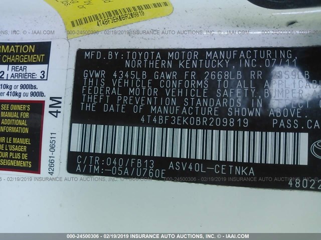 4T4BF3EK0BR209819 - 2011 TOYOTA CAMRY SE/LE/XLE 白色 照片 9