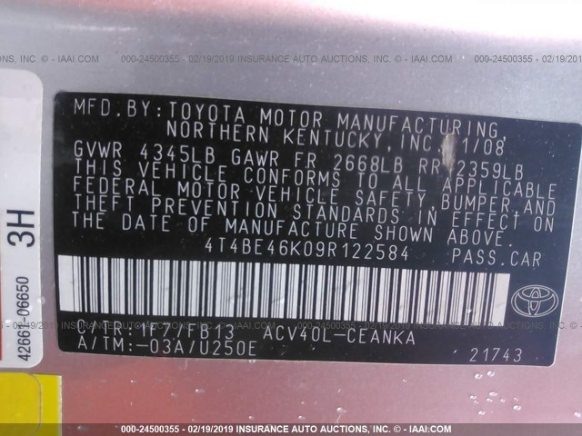 4T4BE46K09R122584 - 2009 TOYOTA CAMRY SE/LE/XLE 银色 照片 9
