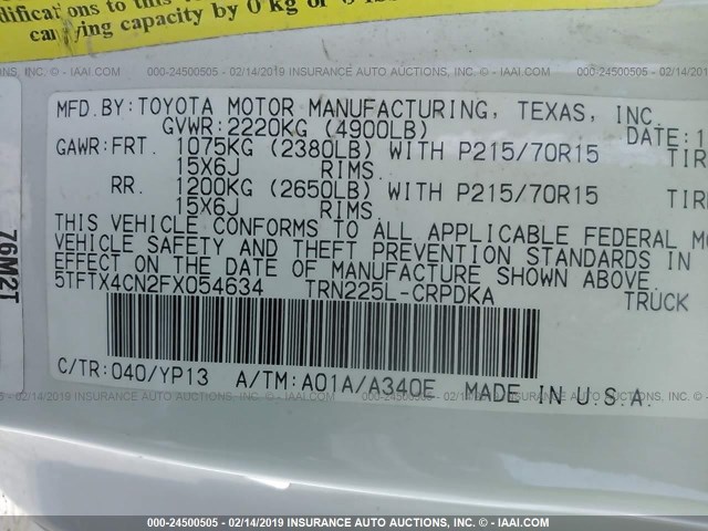 5TFTX4CN2FX054634 - 2015 TOYOTA TACOMA ACCESS CAB თეთრი ფოტო 9