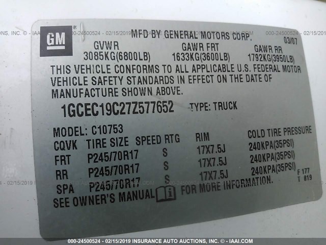 1GCEC19C27Z577652 - 2007 CHEVROLET SILVERADO C1500 WHITE photo 9