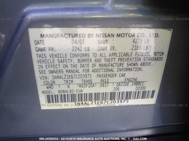 1N4AL21E67C203975 - 2007 NISSAN ALTIMA 2.5/2.5S GRAY photo 9