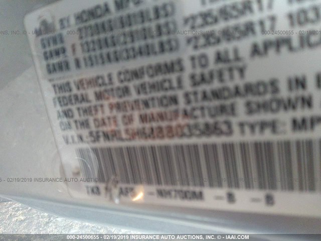 5FNRL5H68BB035863 - 2011 HONDA ODYSSEY EXL SILVER photo 9