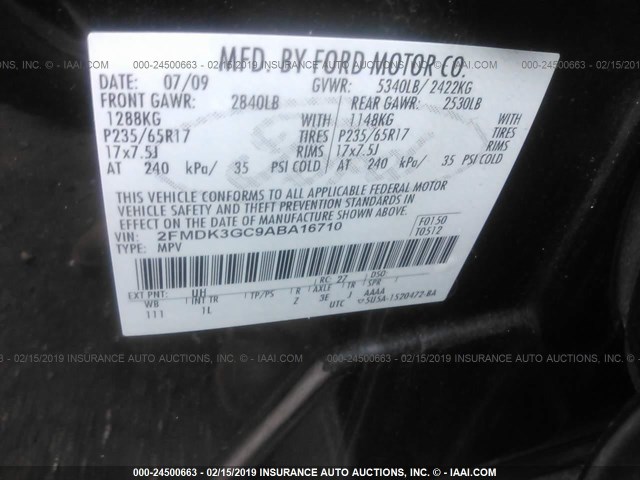 2FMDK3GC9ABA16710 - 2010 FORD EDGE SE BLACK photo 9