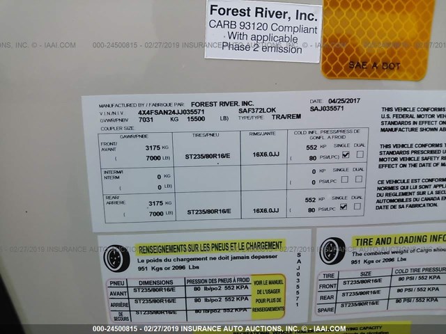 4X4FSAN24JJ035571 - 2018 FOREST RIVER SAND PIPER  WHITE photo 9