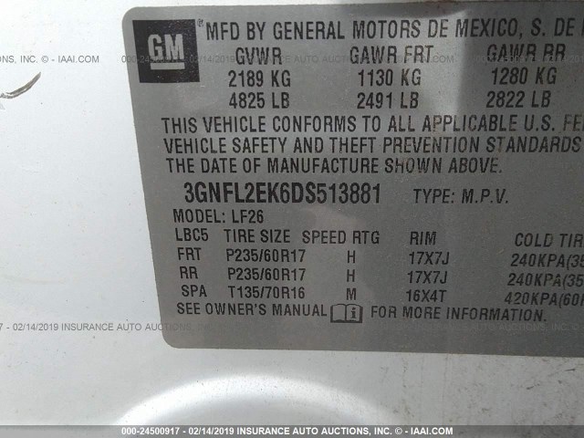 3GNFL2EK6DS513881 - 2013 CHEVROLET CAPTIVA LS 白色 照片 9