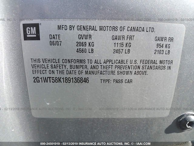 2G1WT58K189136846 - 2008 CHEVROLET IMPALA LT GRAY photo 9