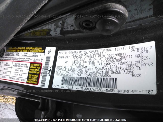 5TFJU4GN8CX018744 - 2012 TOYOTA TACOMA DOUBLE CAB PRERUNNER GRAY photo 9