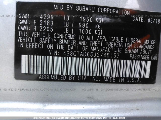 4S3GTAD65J3745157 - 2018 SUBARU IMPREZA PREMIUM PLUS SILVER photo 9