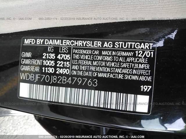 WDBJF70J82B479763 - 2002 MERCEDES-BENZ E 430 BLACK photo 9