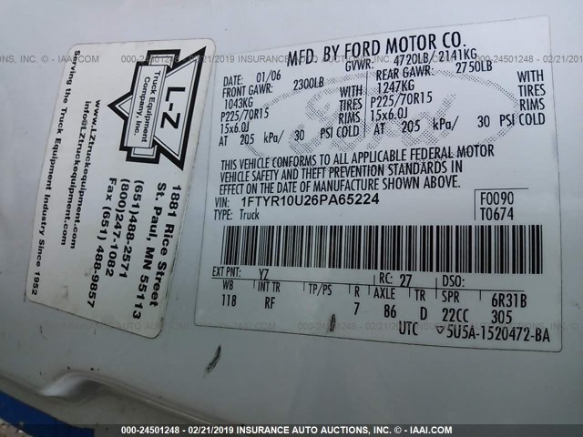 1FTYR10U26PA65224 - 2006 FORD RANGER WHITE photo 9