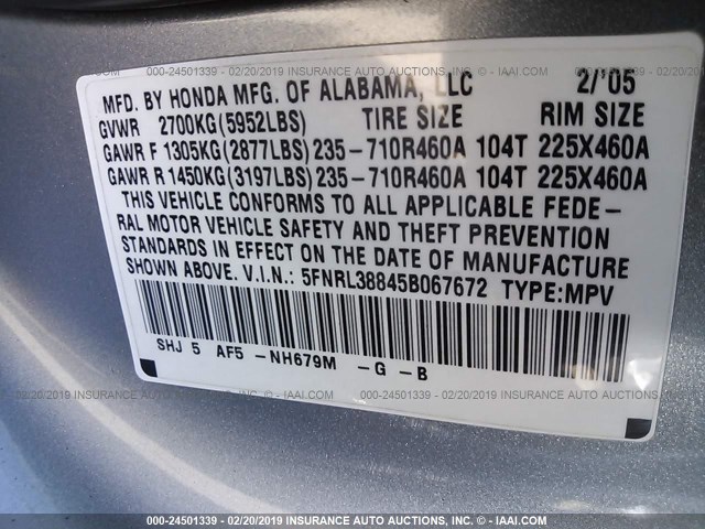 5FNRL38845B067672 - 2005 HONDA ODYSSEY TOURING GRAY photo 9