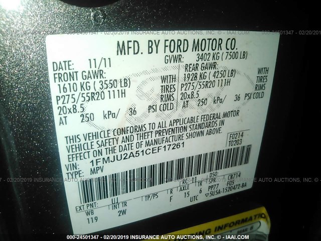 1FMJU2A51CEF17261 - 2012 FORD EXPEDITION LIMITED GRAY photo 9