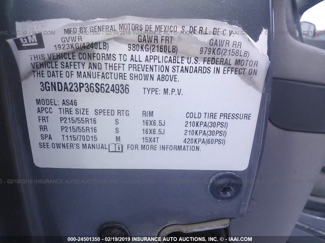 3GNDA23P36S624936 - 2006 CHEVROLET HHR LT GRAY photo 9