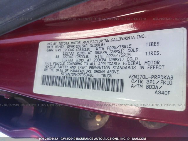 5TEHN72N42Z059481 - 2002 TOYOTA TACOMA DOUBLE CAB 红色 照片 9