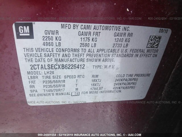 2CTALSECXB6226412 - 2011 GMC TERRAIN SLE MAROON photo 9