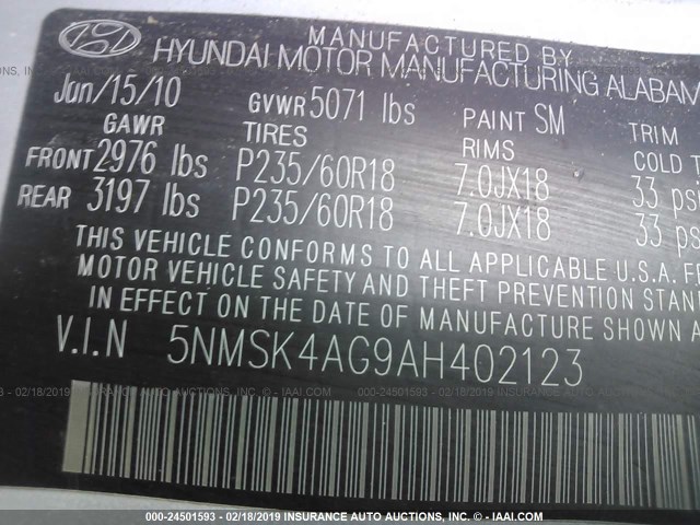 5NMSK4AG9AH402123 - 2010 HYUNDAI SANTA FE LIMITED SILVER photo 9