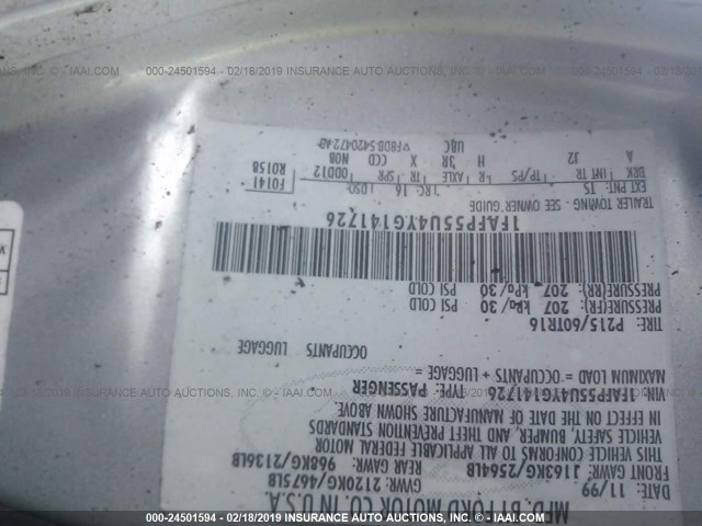 1FAFP55U4YG141726 - 2000 FORD TAURUS SES SILVER photo 9