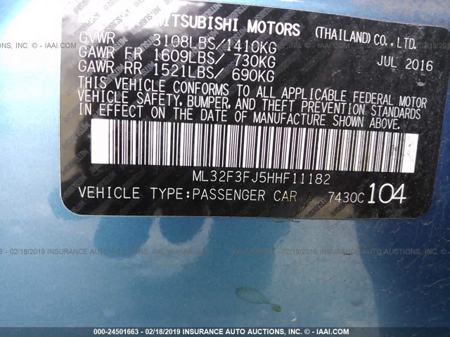 ML32F3FJ5HHF11182 - 2017 MITSUBISHI MIRAGE G4 ES ლურჯი ფოტო 9