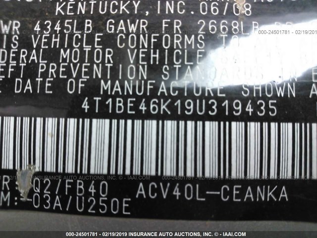 4T1BE46K19U319435 - 2009 TOYOTA CAMRY SE/LE/XLE SILVER photo 9